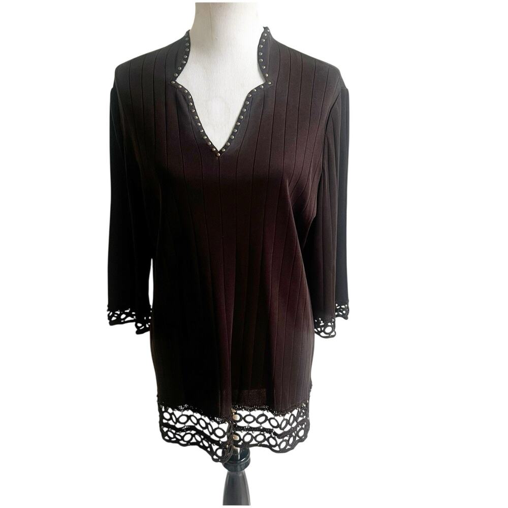 Ming Wang Knit Top Womens Large Brown Acrylic 3/4 Sleeve Studded Tunic